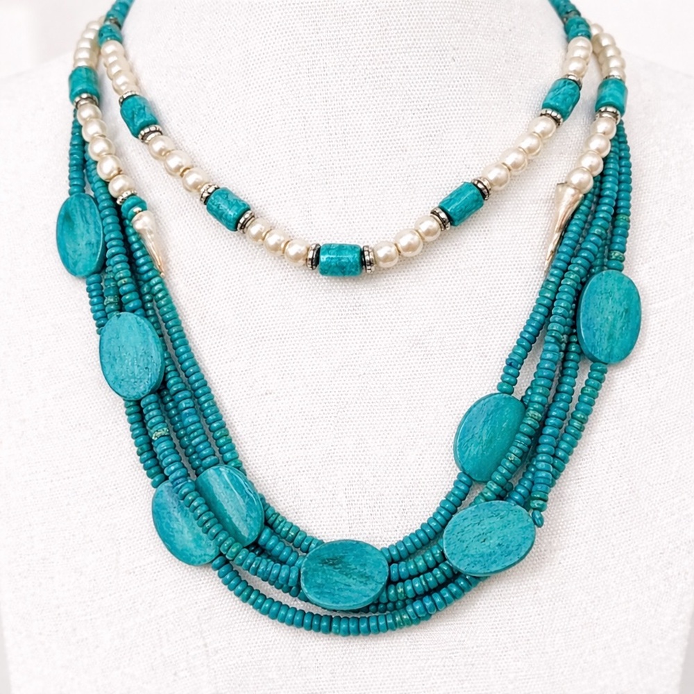 Turquoise Color Beaded Curated Pair Multi Strand Boho Southwestern Necklaces